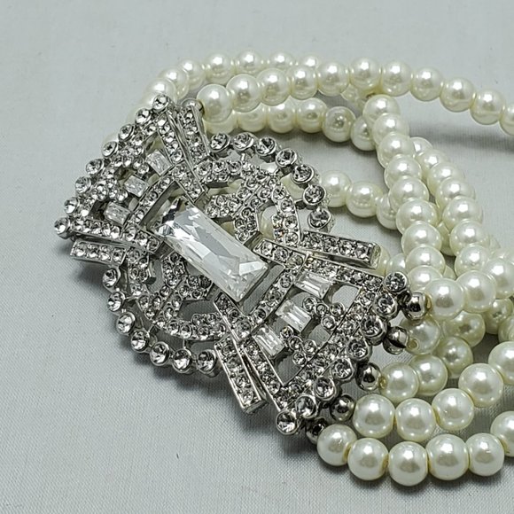 ALI KHAN bridal vintage look 5 row clear rhinestone crystal & white pear… - Picture 2 of 6